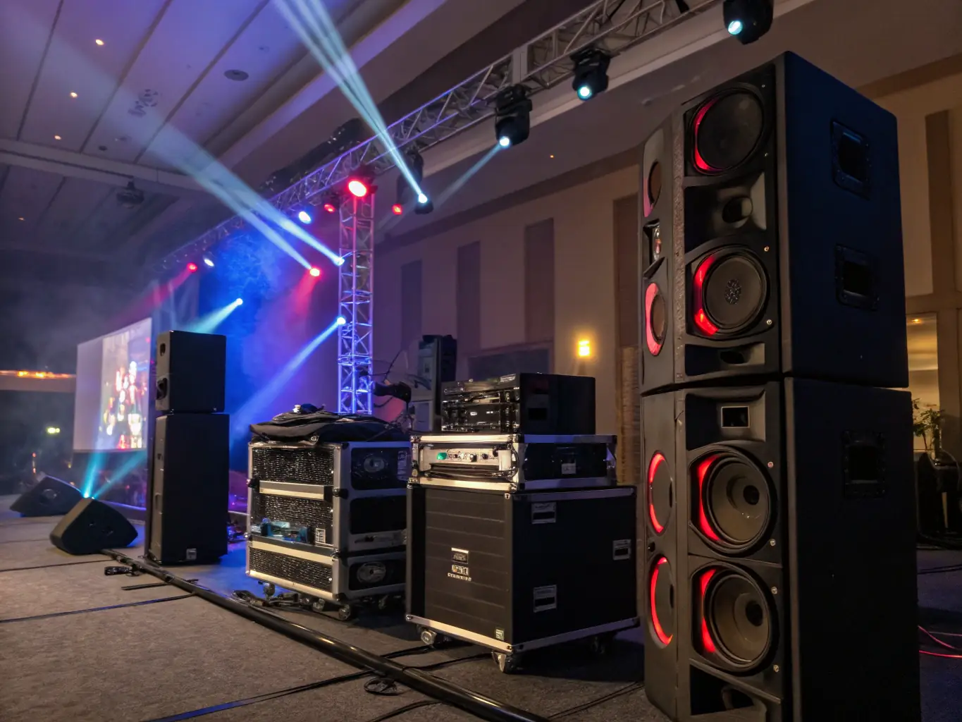 A detailed view of state-of-the-art stage lighting and sound equipment in action during a live event, emphasizing Event Pro Warszawa's commitment to technical excellence.