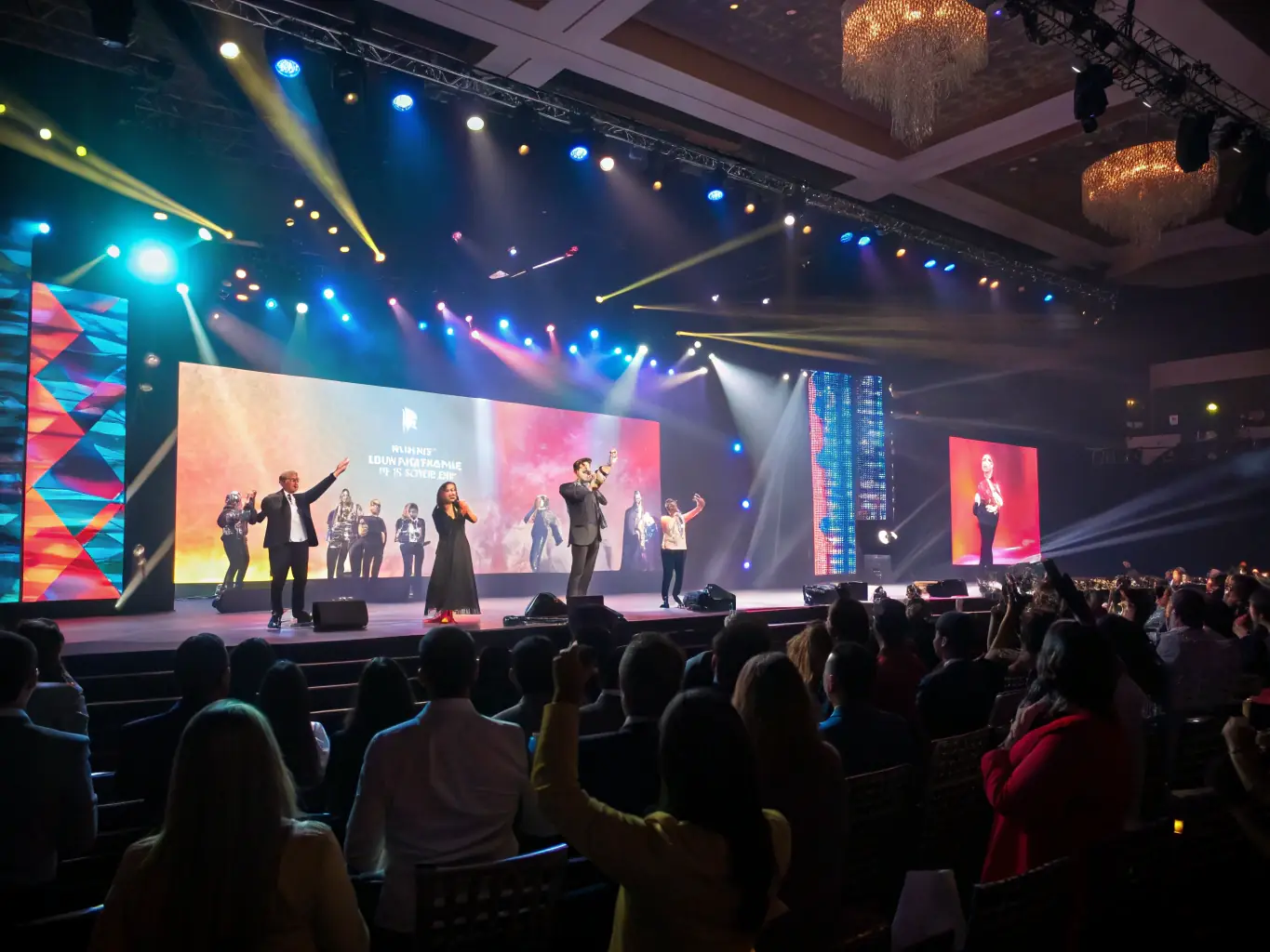 A vibrant corporate event scene, highlighting Event Pro Warszawa's ability to create engaging and memorable experiences with dynamic lighting and stage effects.