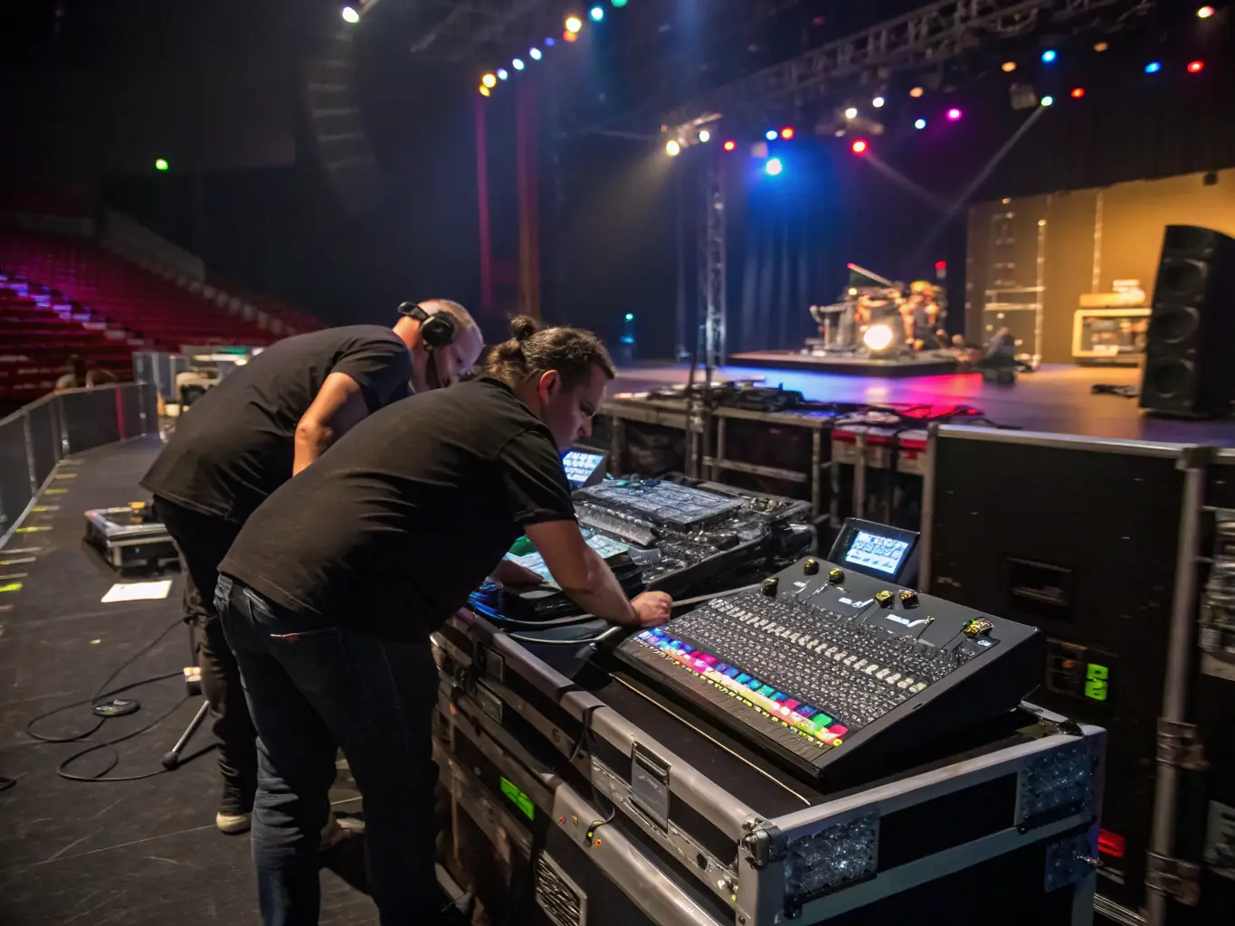 Close-up of stage lighting and sound equipment in action during a live event, highlighting Event Pro Warszawa's advanced stage technology solutions.