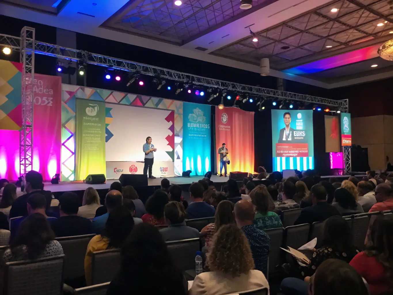 A dynamic shot of a conference in full swing, showcasing Event Pro Warszawa's expert coordination and technical setup, with a focus on stage lighting and audio quality.