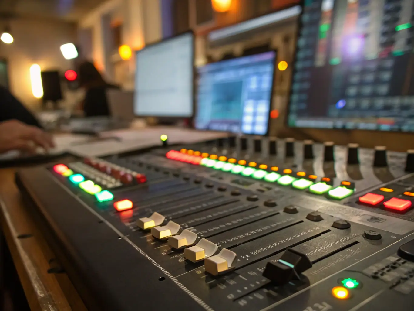 A detailed shot of a state-of-the-art lighting console in a darkened event space, showcasing its complex array of controls and displays, with a soft glow illuminating the operator's hands.