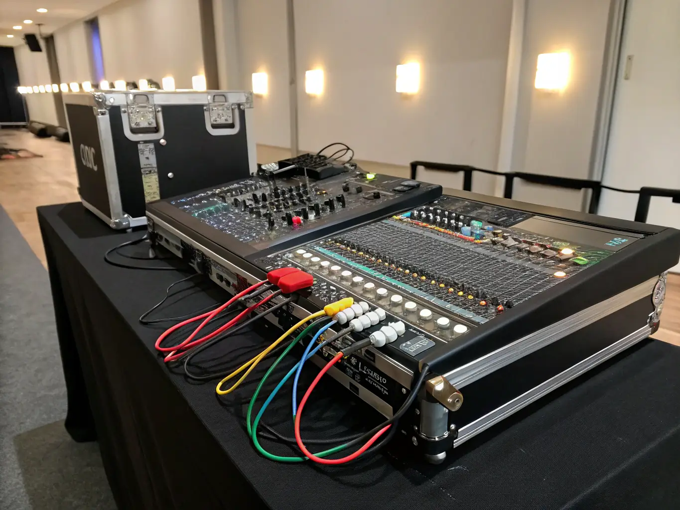 A high-angle shot of a professional sound mixing console with multiple channels and intricate controls, set in a recording studio or live event environment, emphasizing the complexity and precision of audio engineering.
